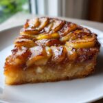 Close-up of a thick slice of caramelized apple tart showing glossy, baked apple slices on a golden crust.