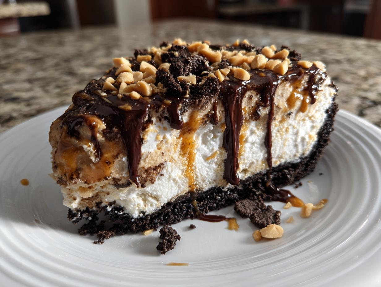 A decadent slice of ice cream pie with a dark crust, creamy filling, chocolate drizzle, and chopped peanuts.