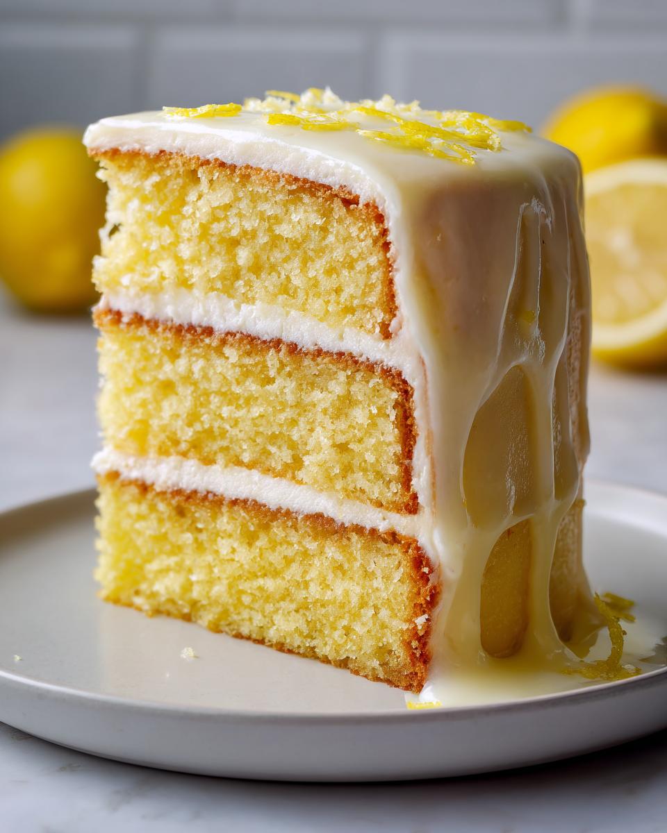 A tall slice of three-layer lemon cake recipe covered in thick white glaze and lemon zest.