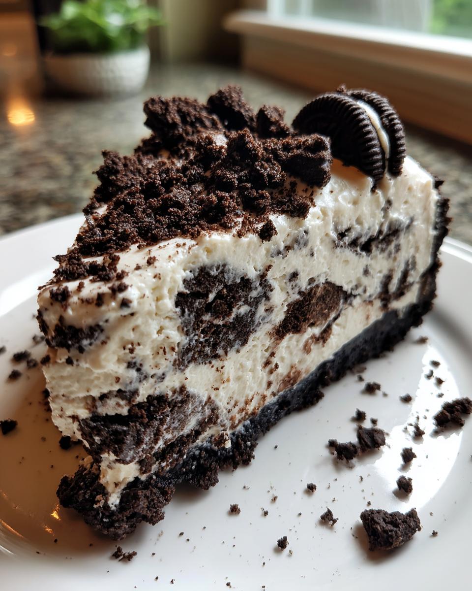 A decadent slice of no-bake Oreo cheesecake topped with cookie crumbles and a whole mini Oreo.