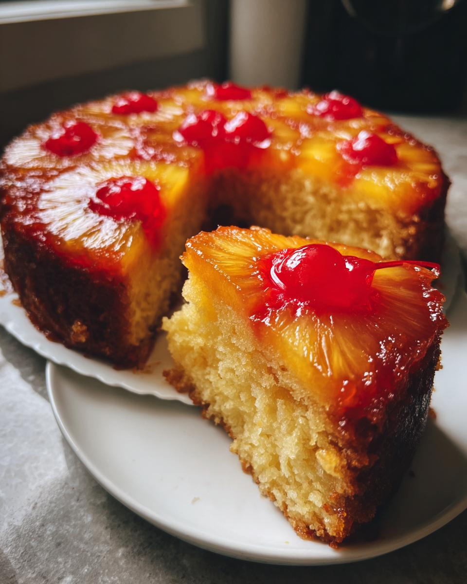 A slice of moist pineapple upside down cake sits on a white plate, showing the caramelized pineapple and cherry topping.