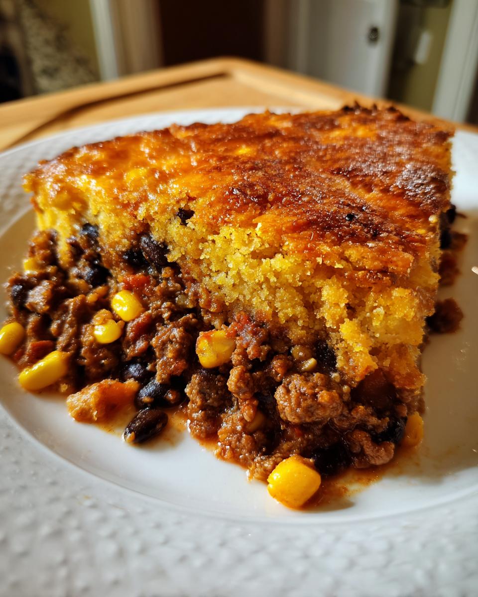 A close-up of a hearty slice of tamale pie showing a thick, golden cornbread top over a savory filling of ground meat, black beans, and corn.