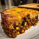 A close-up of a hearty slice of tamale pie showing a cheesy cornbread top over a savory meat, corn, and black bean filling.