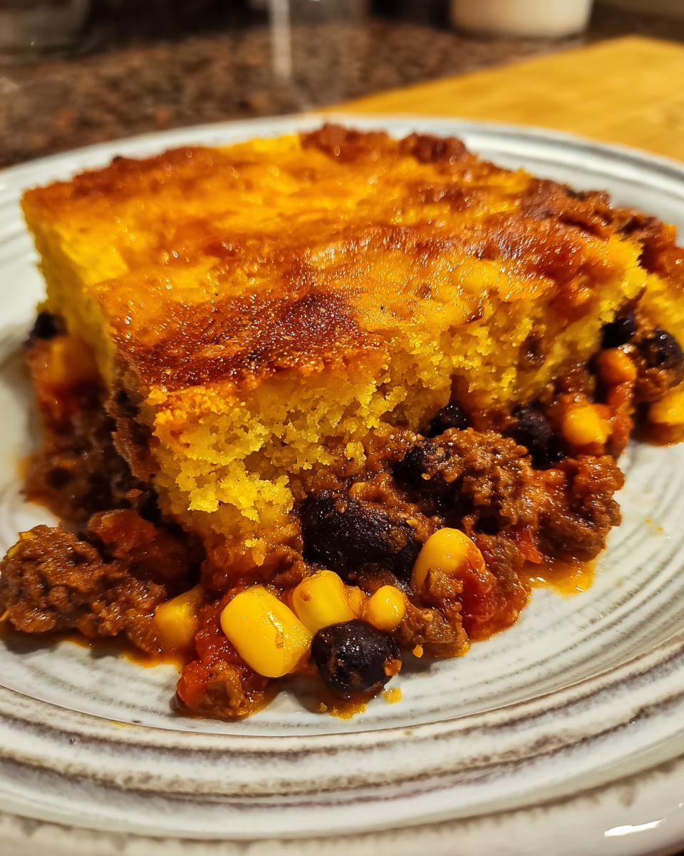 Close-up of a hearty slice of tamale pie featuring a golden cornbread topping over a savory filling of ground meat, black beans, and corn.