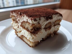 A perfect square slice of homemade tiramisu recipe featuring layers of cream and coffee-soaked ladyfingers, dusted with cocoa.