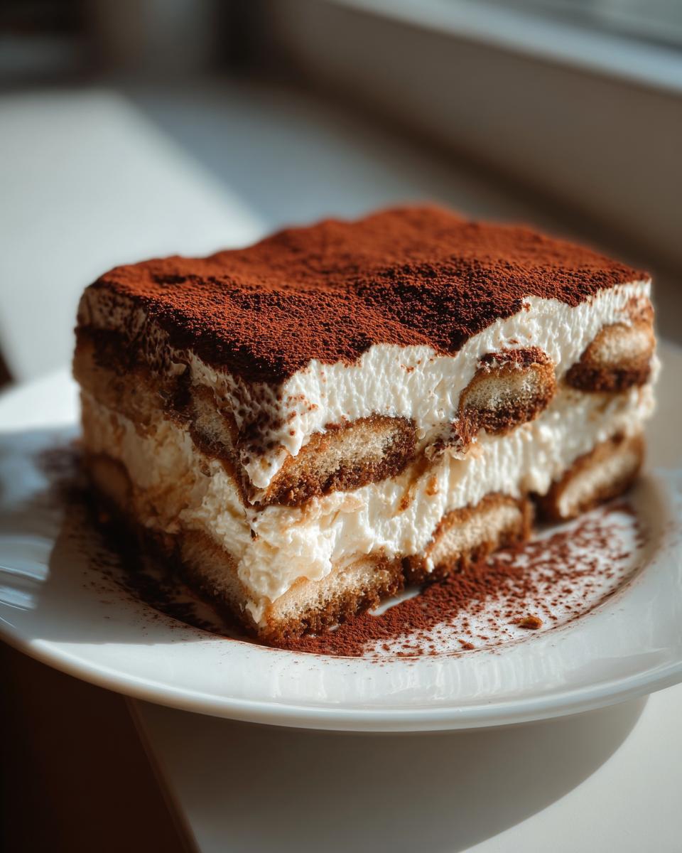 A rich, layered slice of tiramisu recipe featuring ladyfingers, mascarpone cream, and heavy cocoa powder dusting.