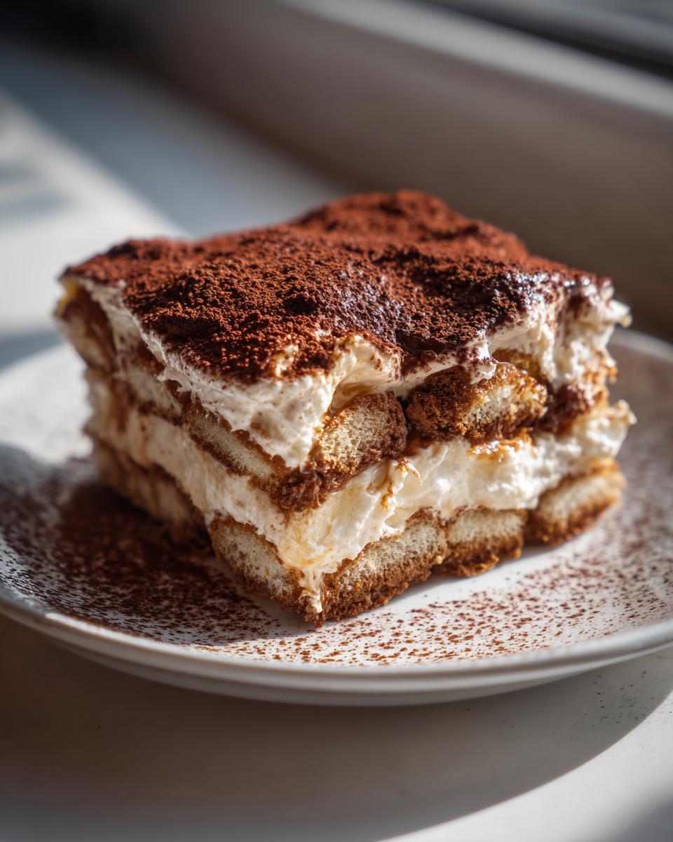 A perfect square slice of layered tiramisu recipe showing ladyfingers, cream, and heavy cocoa powder topping.