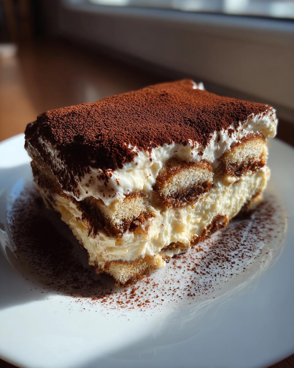 A luscious slice of tiramisu recipe showing layers of cream, soaked ladyfingers, and a heavy dusting of cocoa powder.