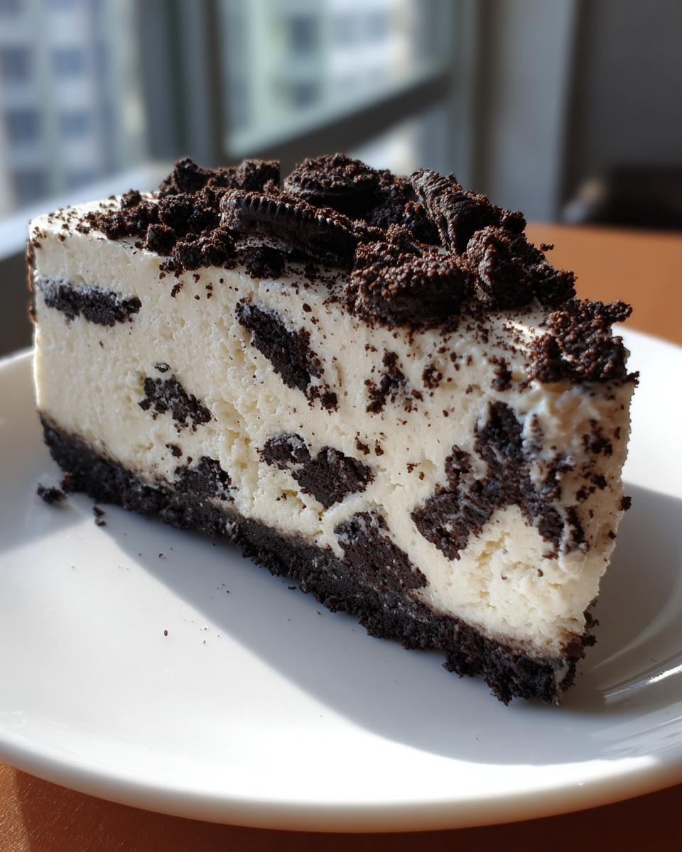 A perfect slice of no-bake oreo cheesecake with a dark cookie crust and crumbled topping.