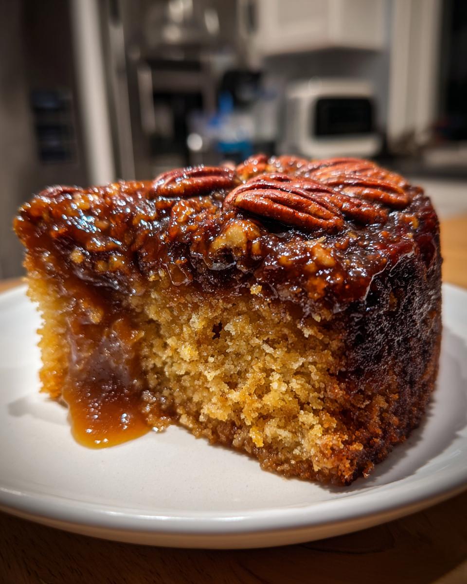 A close-up slice of moist pecan upside down cake featuring a sticky, caramelized pecan topping and dripping sauce.