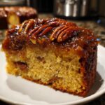 Close-up of a moist slice of pecan upside down cake topped with glossy caramel and whole pecans.