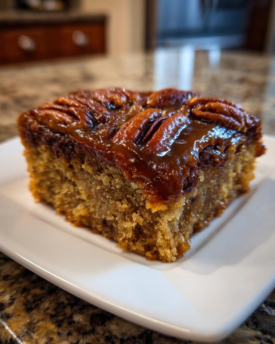 A square slice of moist pecan upside down cake topped with glossy caramel and whole pecans.