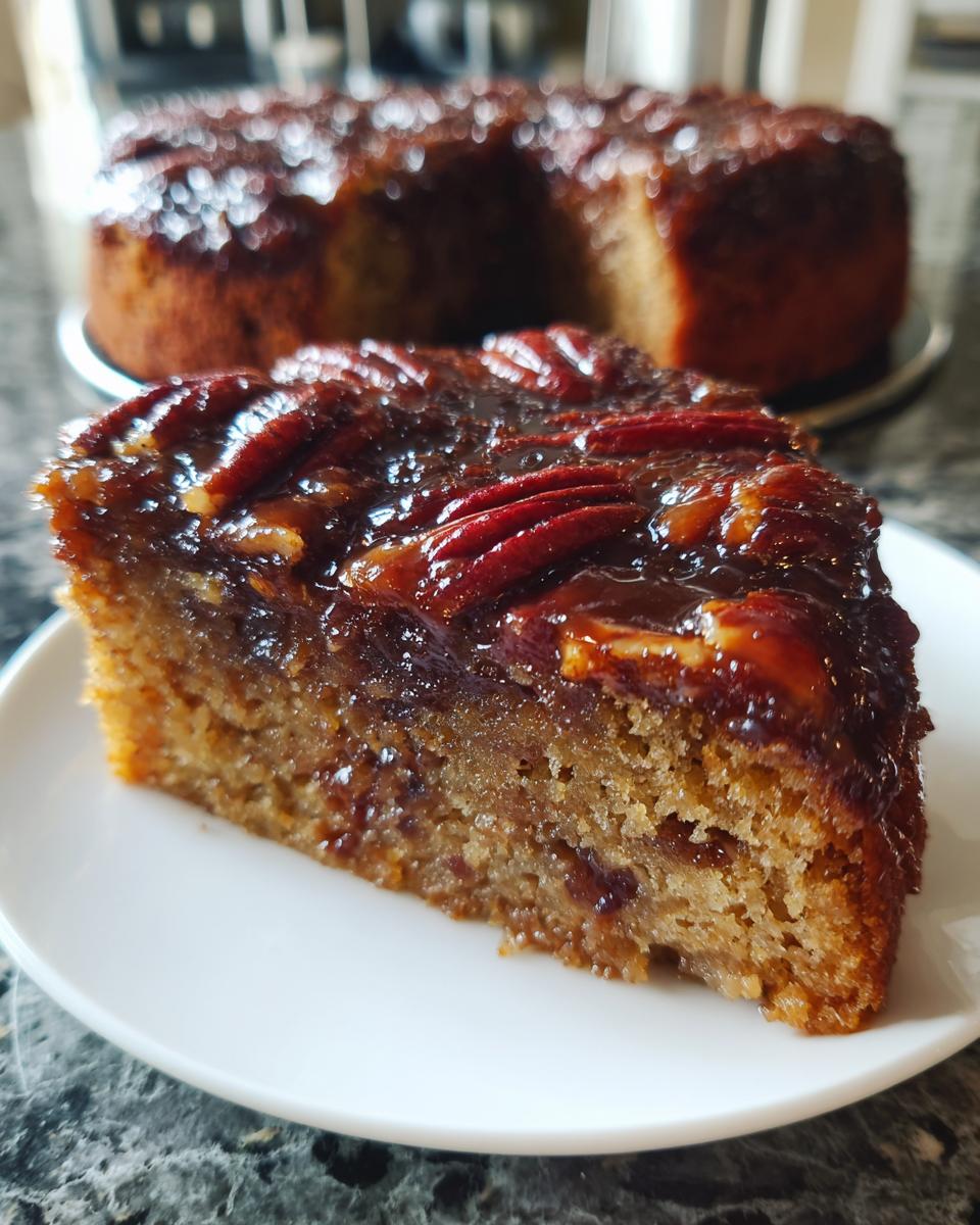 A close-up slice of moist pecan upside down cake topped with a sticky, glossy caramel pecan glaze.
