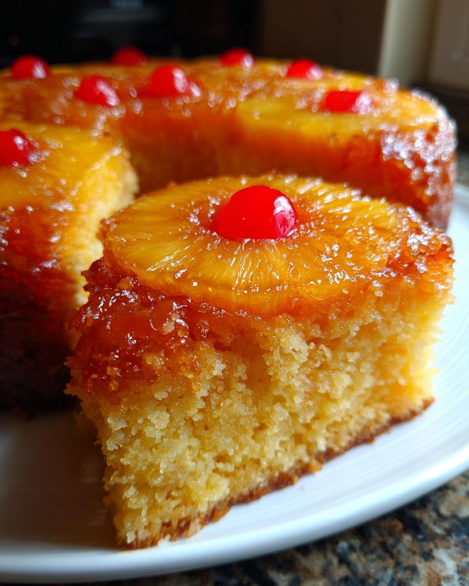 Close-up of a slice of pineapple upside down cake showing the moist crumb, caramelized topping, and a maraschino cherry.