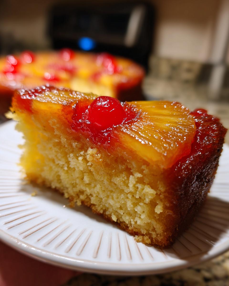 Close-up of a moist slice of pineapple upside down cake topped with caramelized pineapple and a maraschino cherry.