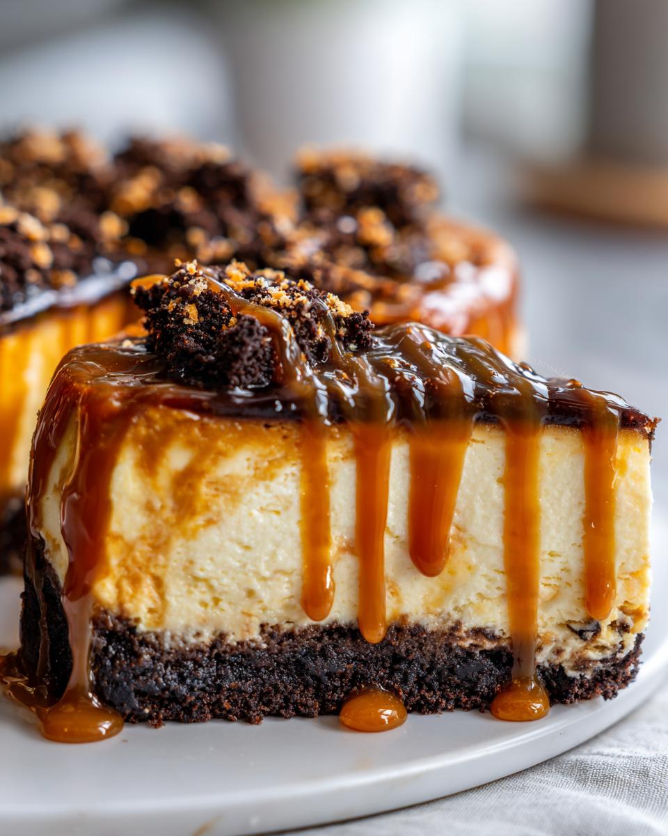 A decadent slice of salted caramel cheesecake with a thick chocolate crust and gooey caramel dripping down the sides.