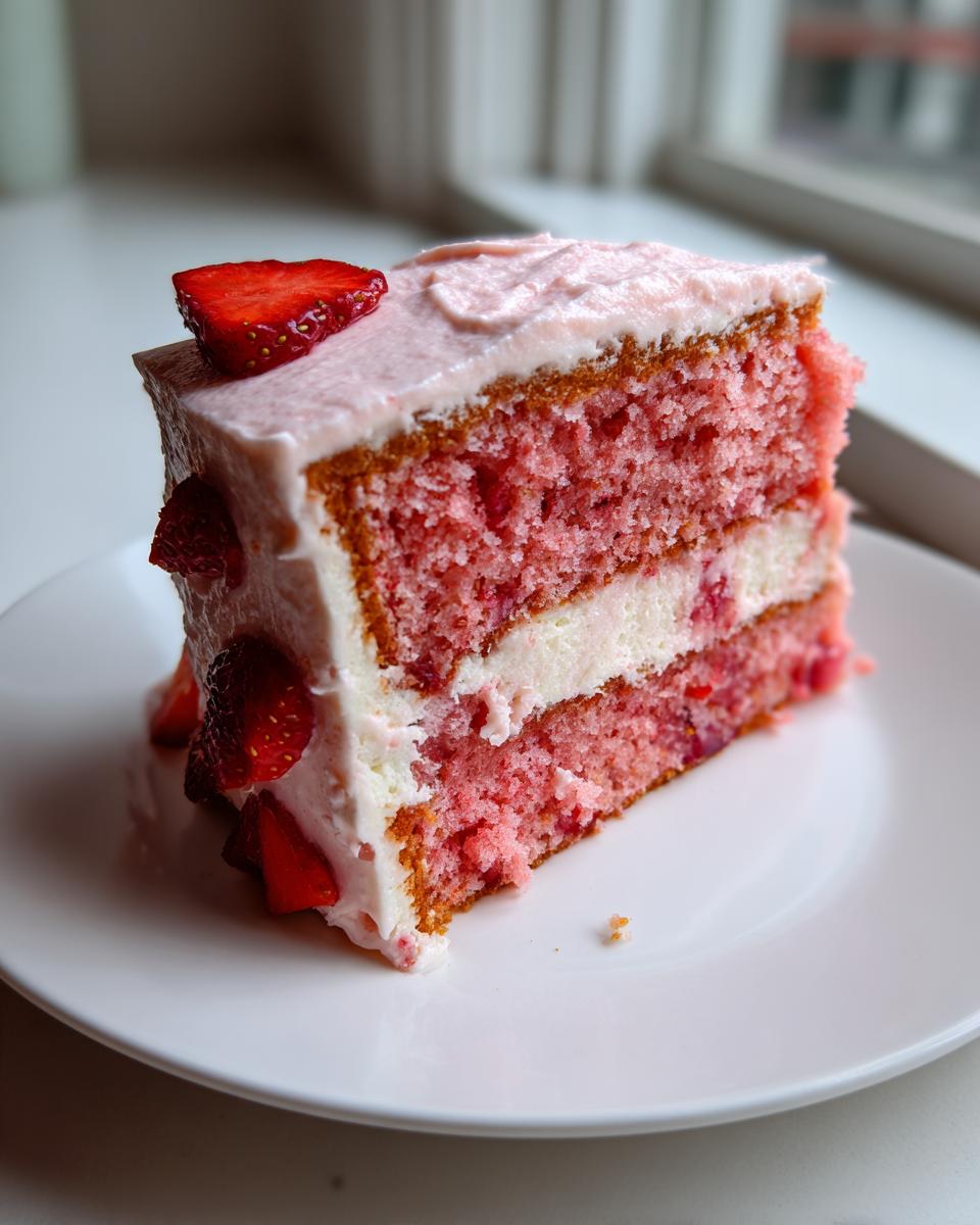 A tall slice of pink layered strawberry cake with white filling and strawberry frosting, garnished with fresh strawberries.