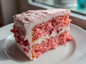 Close-up of a moist slice of pink strawberry cake with white filling and strawberry chunks, topped with pink frosting.