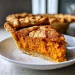 A close-up of a thick slice of sweet potato cobbler with a flaky, cinnamon-dusted top crust.