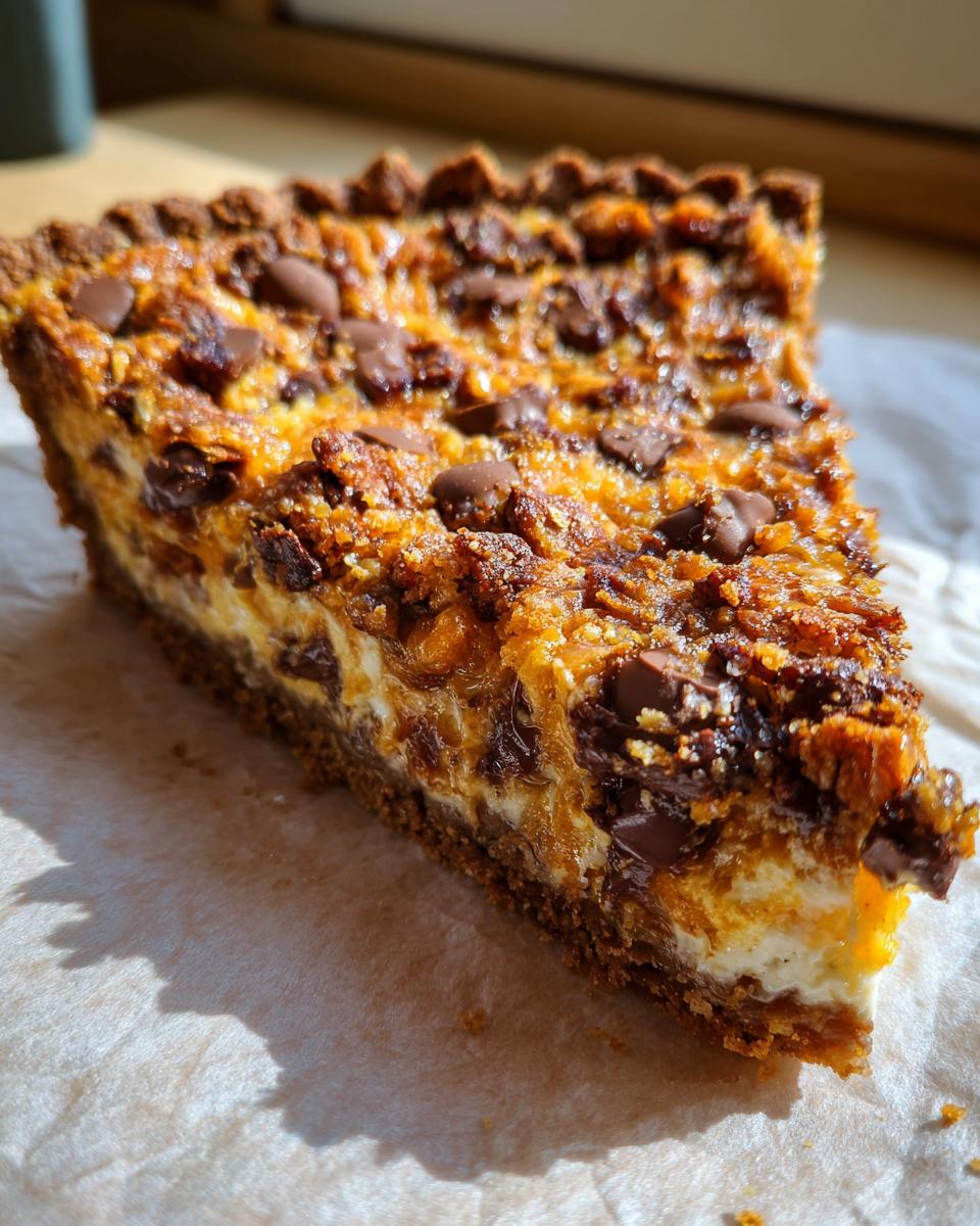 Close-up of a decadent slice of texas trash pie showing a creamy layer and a crunchy, chocolate chip-studded topping.
