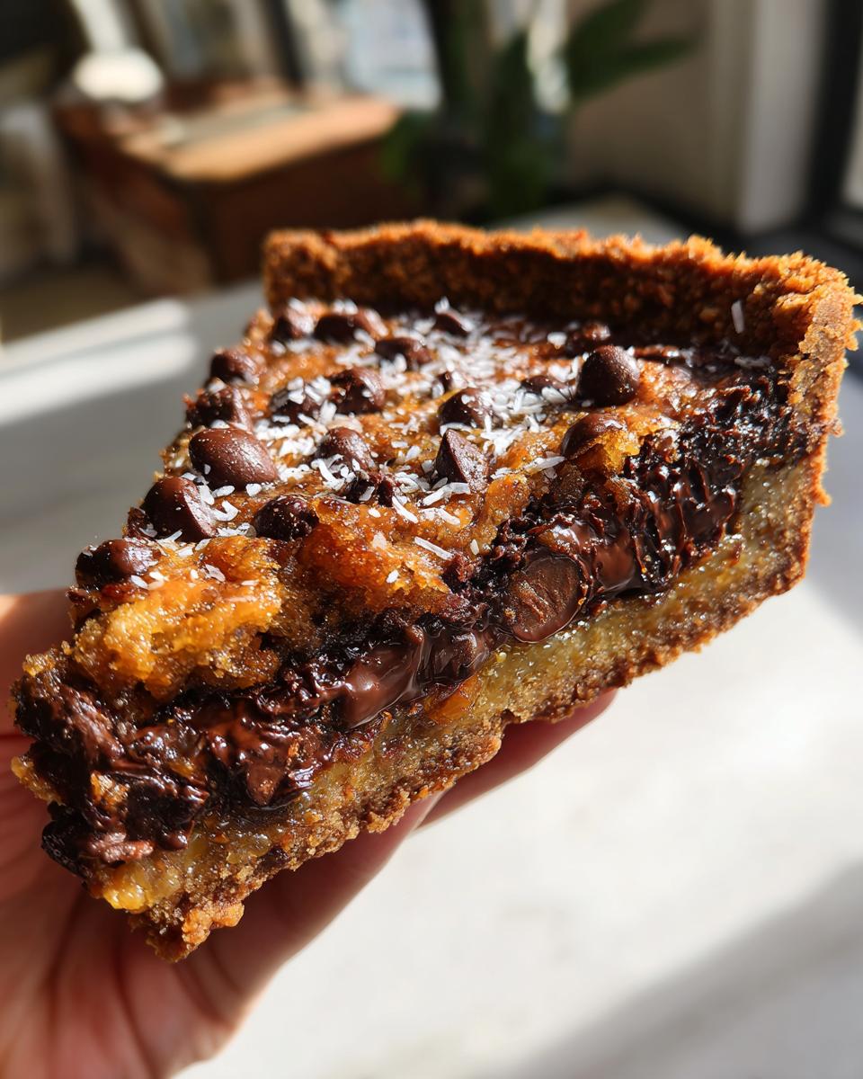 A close-up of a thick slice of texas trash pie held in hand, featuring a gooey chocolate chip filling and coconut flakes.