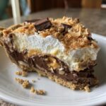 A decadent slice of texas trash pie showing layers of chocolate, cream, nuts, and toasted coconut topping.