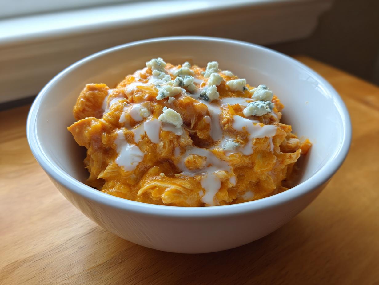 A close-up of creamy, orange buffalo chicken chili topped with blue cheese crumbles and ranch drizzle in a white bowl.