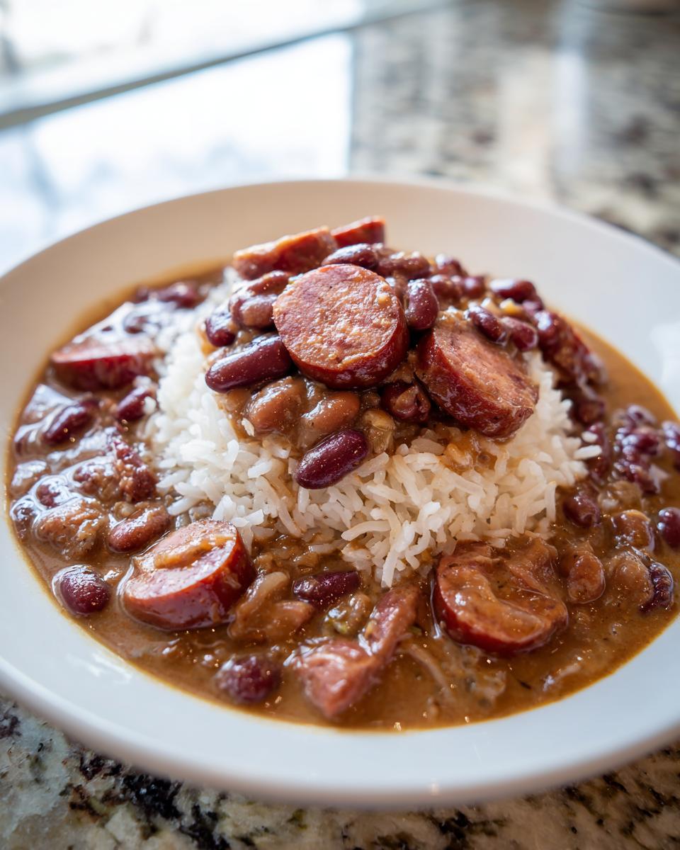 A close-up of a bowl of slow cooker red beans and rice topped with sliced smoked sausage.