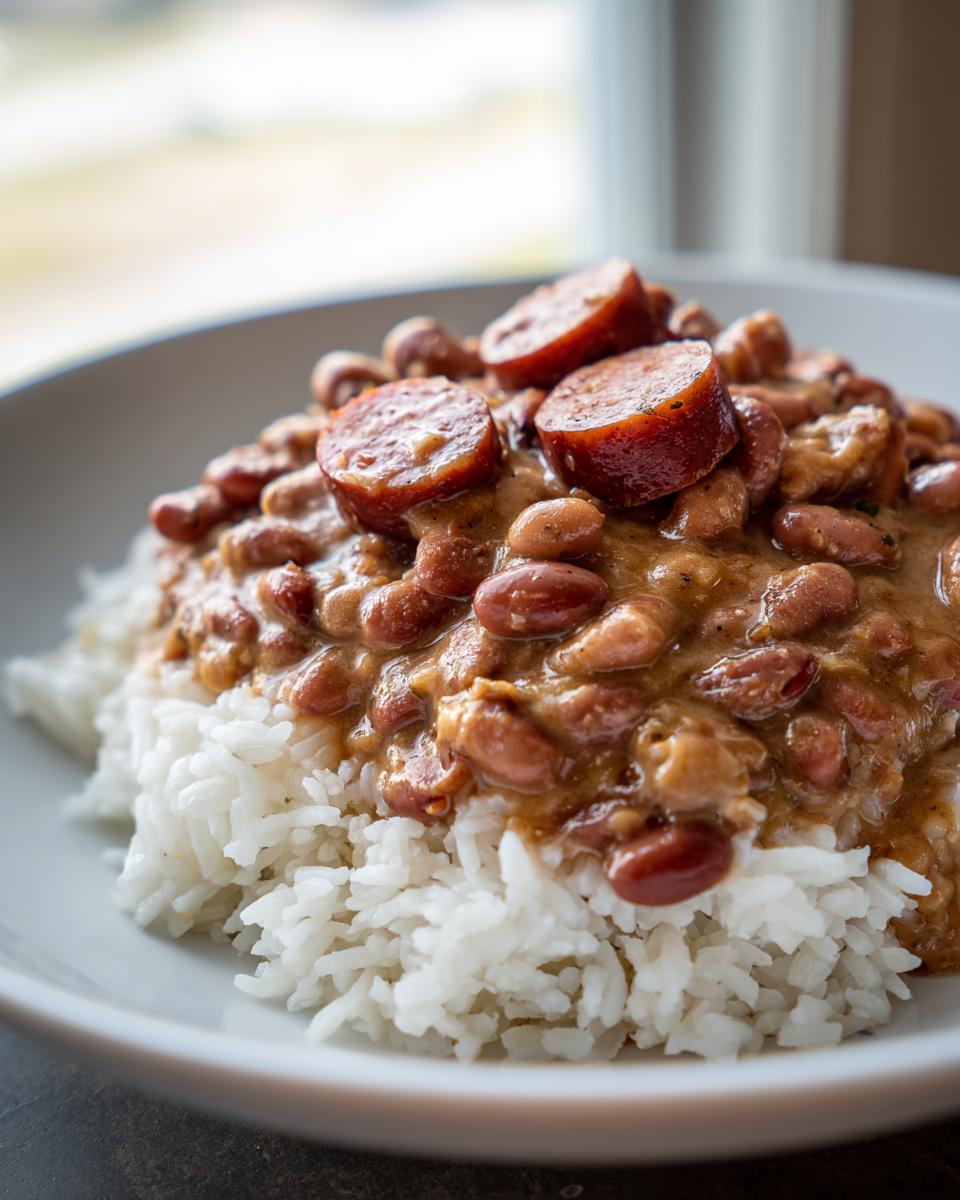 A close-up of slow cooker red beans and rice served over white rice and topped with slices of smoked sausage.