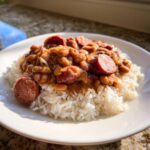 Close-up of a white plate piled high with fluffy white rice topped generously with saucy slow cooker red beans and rice and sliced smoked sausage.