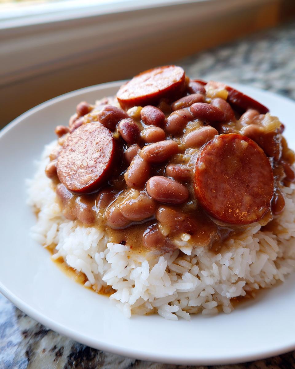 A close-up serving of slow cooker red beans and rice topped with slices of smoked sausage on a white plate.