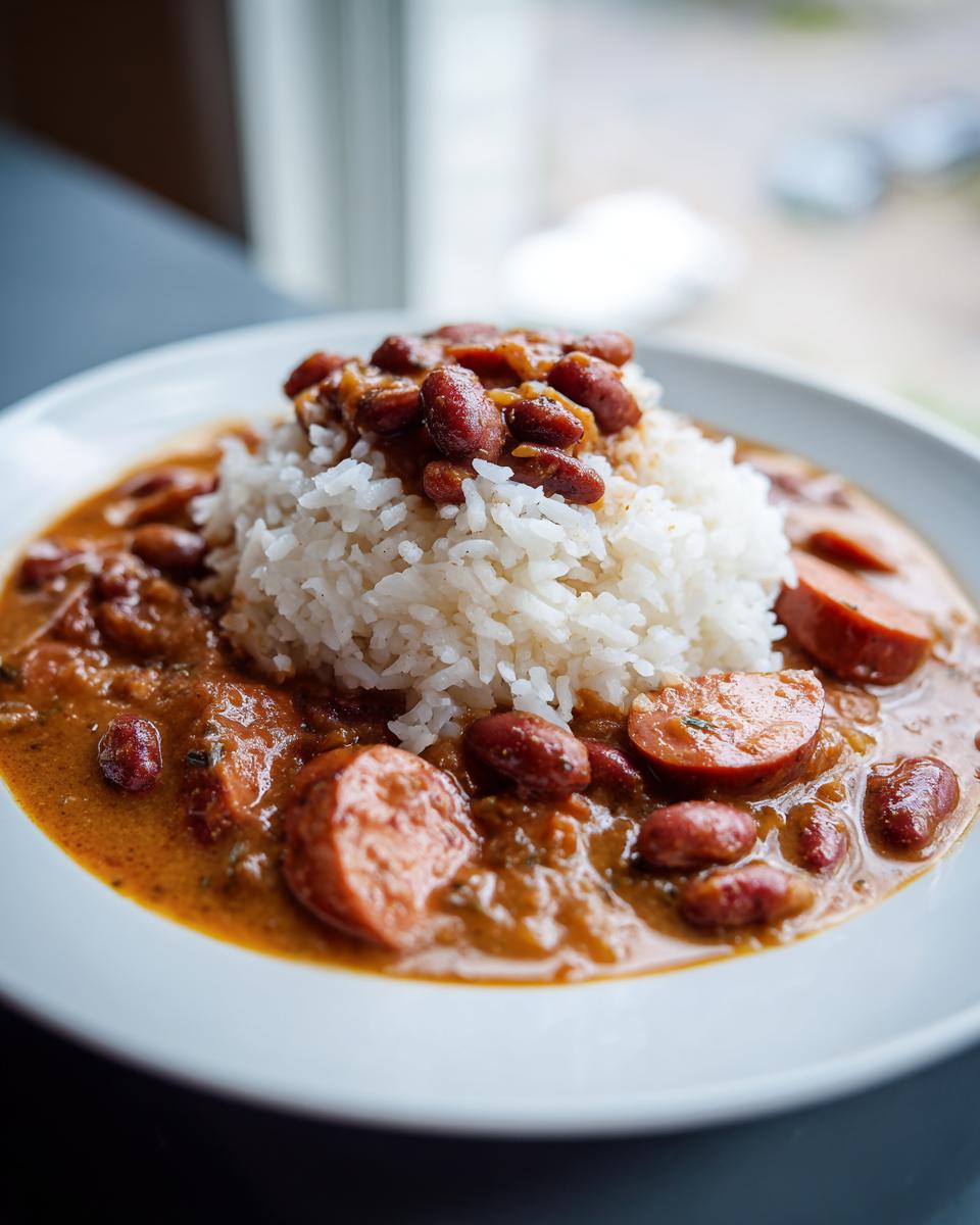 A close-up of a white plate featuring slow cooker red beans and rice topped with sliced smoked sausage.