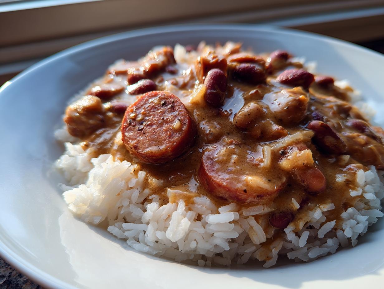 Close-up of a white bowl filled with fluffy white rice topped with creamy slow cooker red beans and rice and slices of andouille sausage.