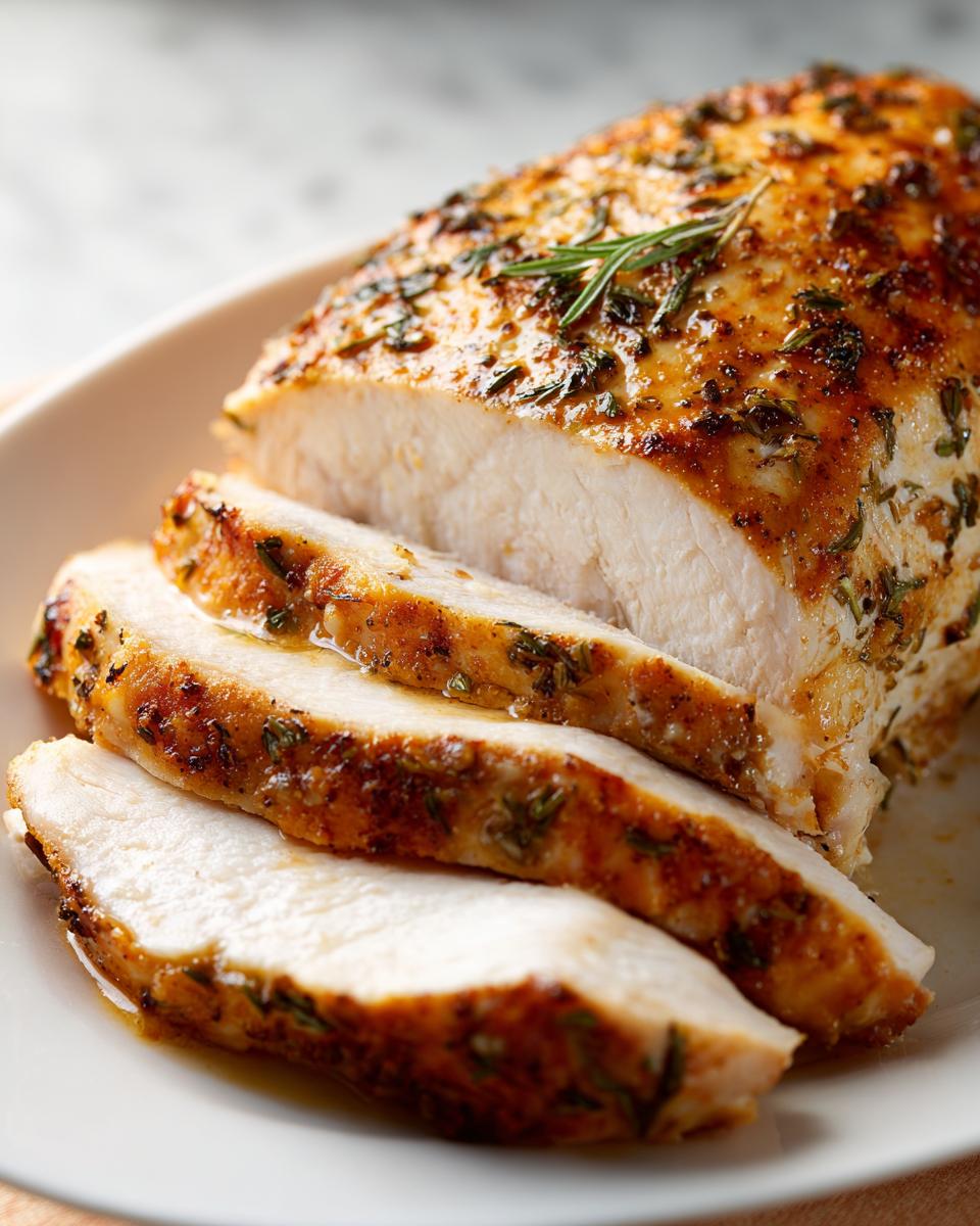 Close-up of a juicy, sliced slow cooker turkey breast with a golden, herb-crusted exterior.