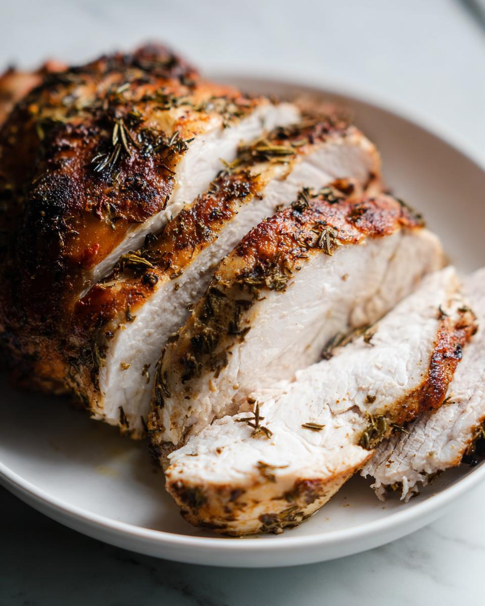 Close-up of sliced slow cooker turkey breast seasoned with herbs on a white plate.