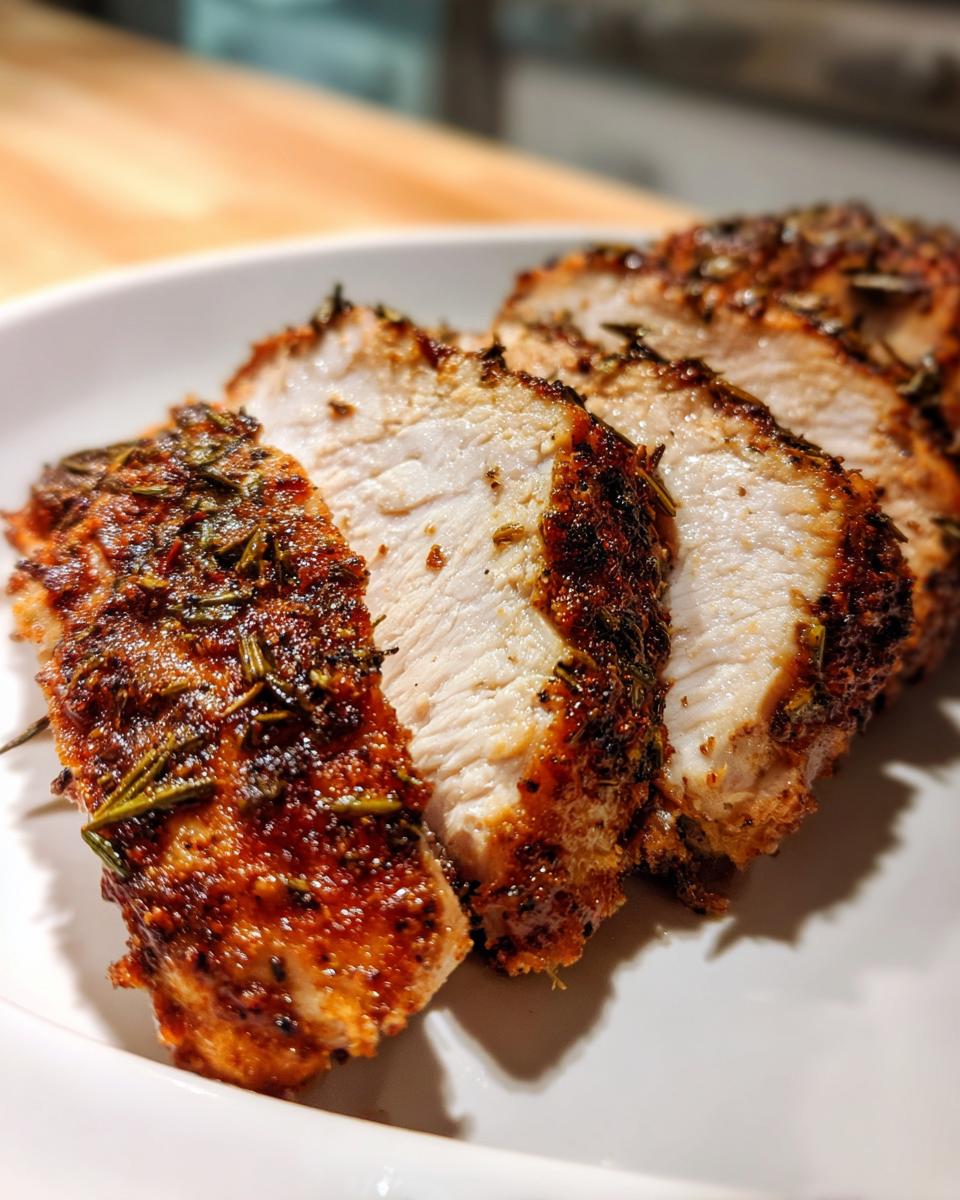 Close-up of three thick slices of juicy slow cooker turkey breast, coated in a dark herb and spice rub.