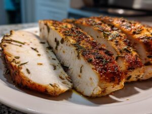 Close-up of thick slices of juicy slow cooker turkey breast seasoned with herbs on a white plate.