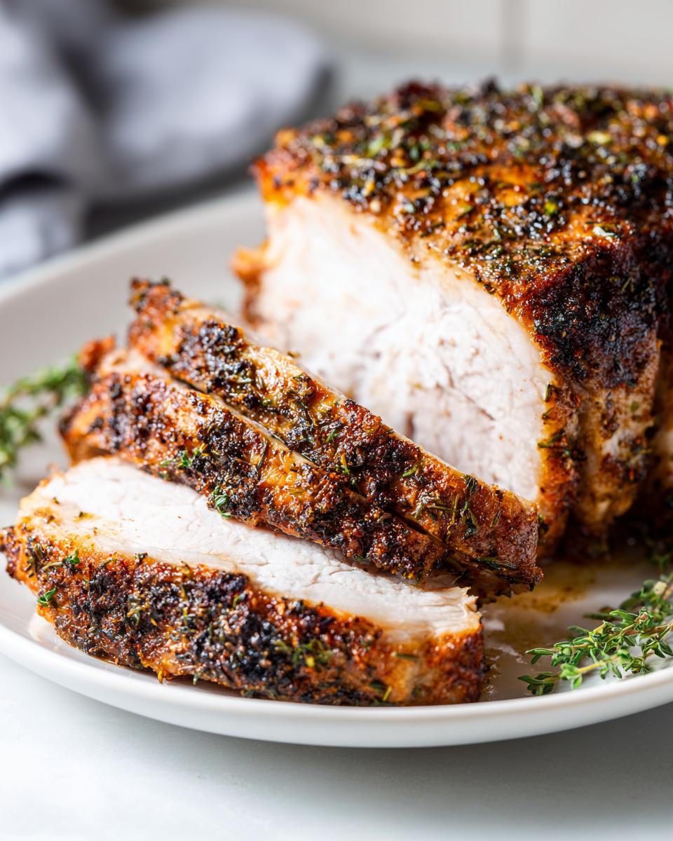 Close-up of a perfectly cooked slow cooker turkey breast, sliced to show juicy white meat and herb crust.