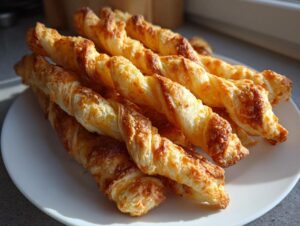 A close-up of several golden brown, flaky, twisted cheese straws piled on a white plate.