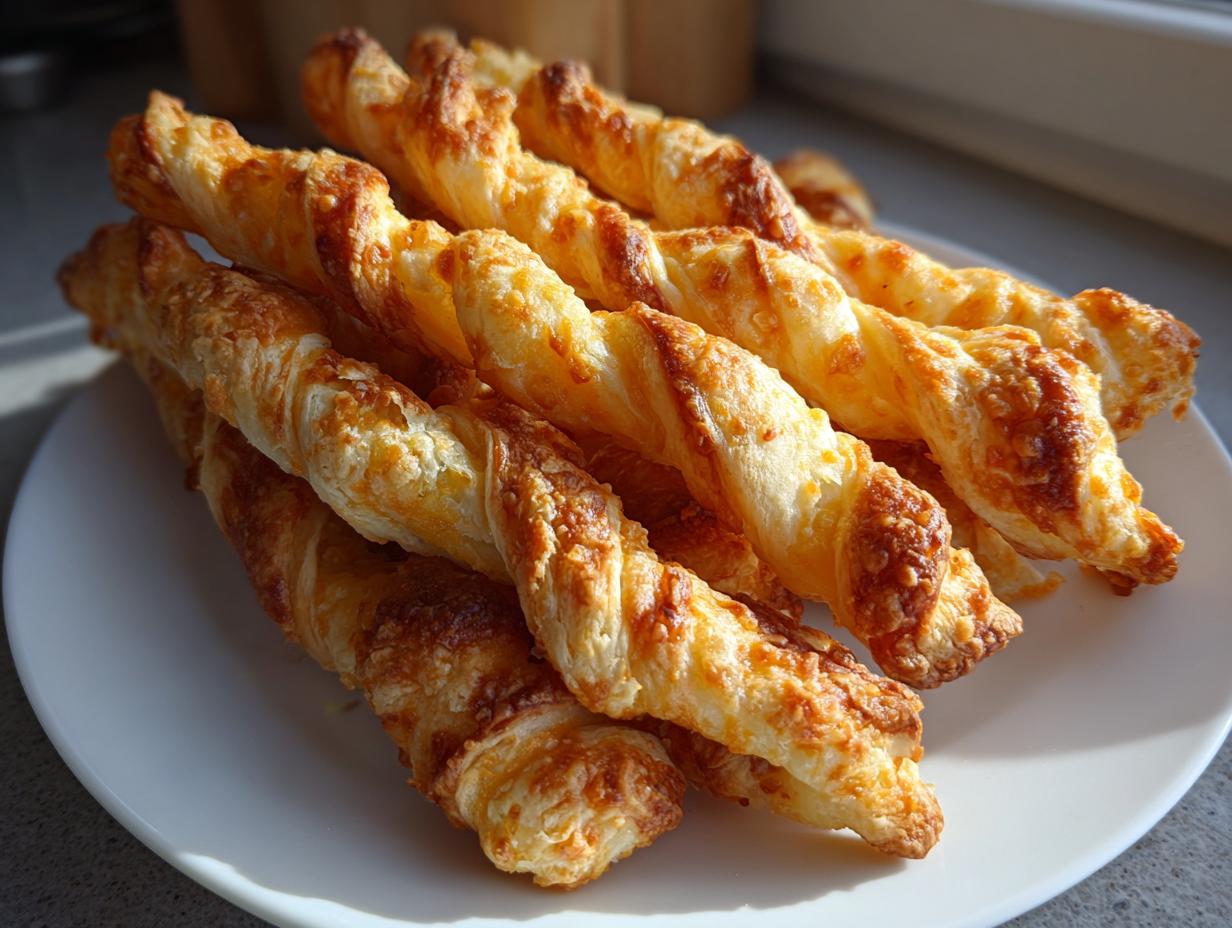 A close-up of several golden brown, flaky, twisted cheese straws piled on a white plate.