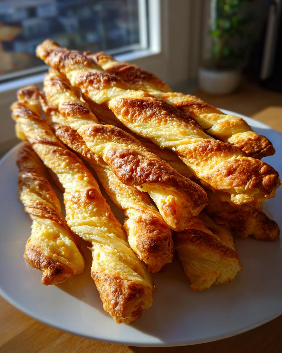 A pile of golden brown, flaky, twisted cheese straws resting on a white plate near a window.
