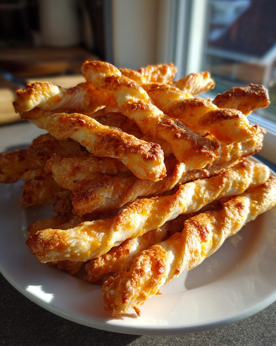 A pile of golden brown, twisted, flaky cheese straws stacked on a white plate near a window.