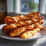 A tall stack of flaky, golden brown, twisted cheese straws piled high on a white plate.