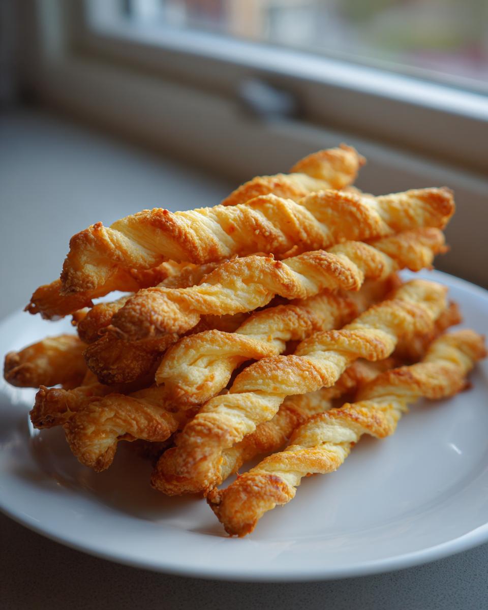 A stack of freshly baked, golden brown, flaky cheese straws piled high on a white plate near a window.
