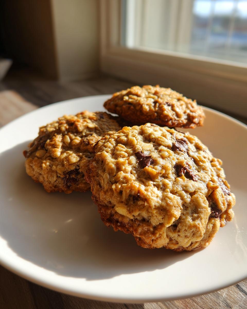 Three soft banana oatmeal cookies with visible oats and chocolate chips resting on a white plate near a window.