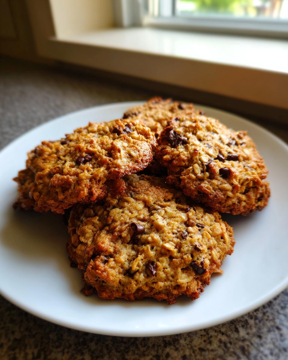A stack of soft banana oatmeal cookies with chocolate chips resting on a white plate near a window.