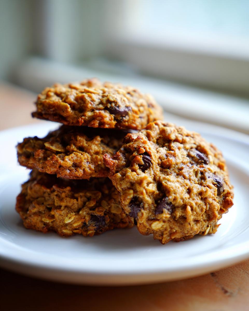 A stack of three soft, chewy banana oatmeal cookies with visible chocolate chips resting on a white plate.