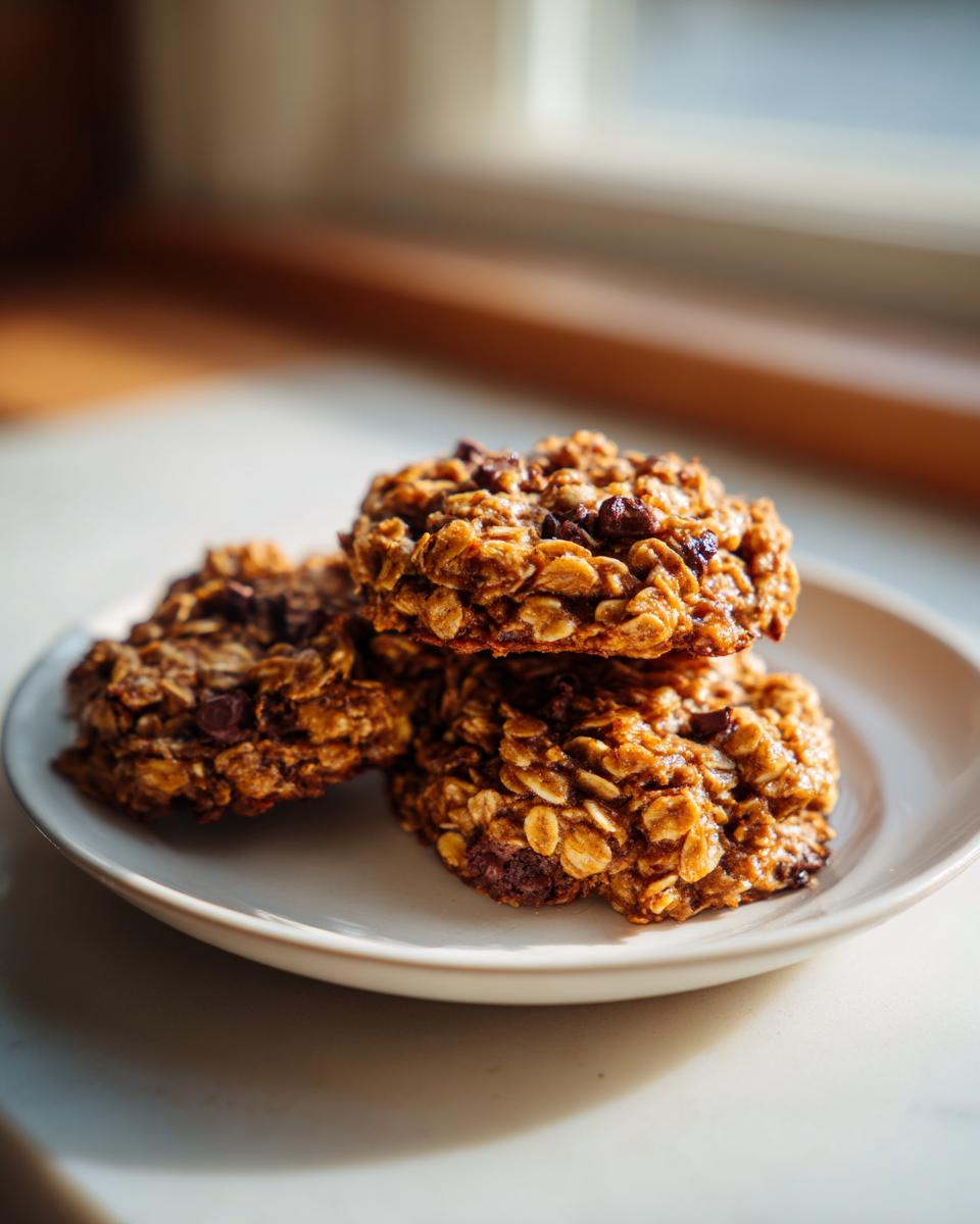 A stack of three soft banana oatmeal cookies with visible oats and chocolate chips on a small white plate.