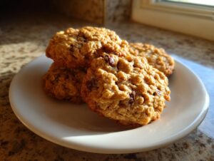 A stack of four soft banana oatmeal cookies with visible oats and chocolate chips on a white plate.