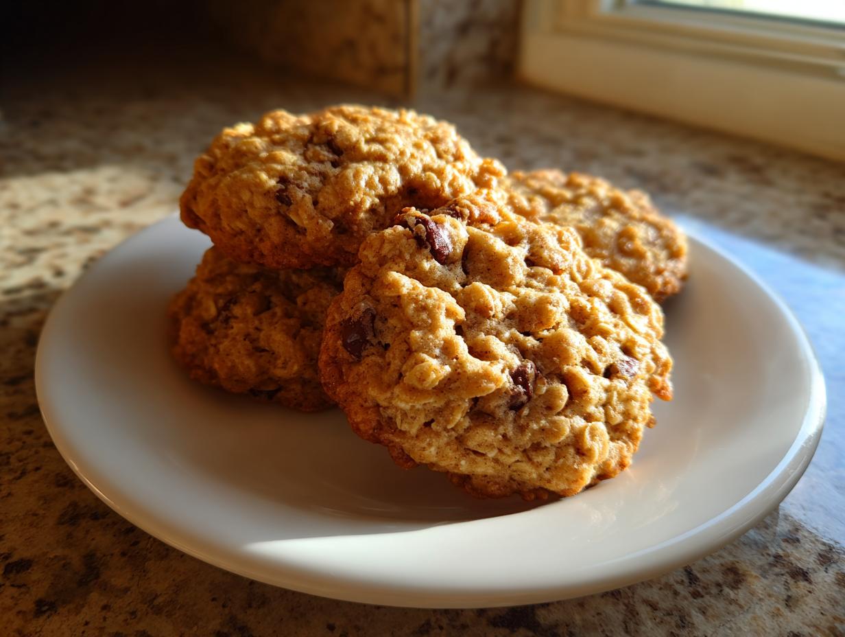 A stack of four soft banana oatmeal cookies with visible oats and chocolate chips on a white plate.